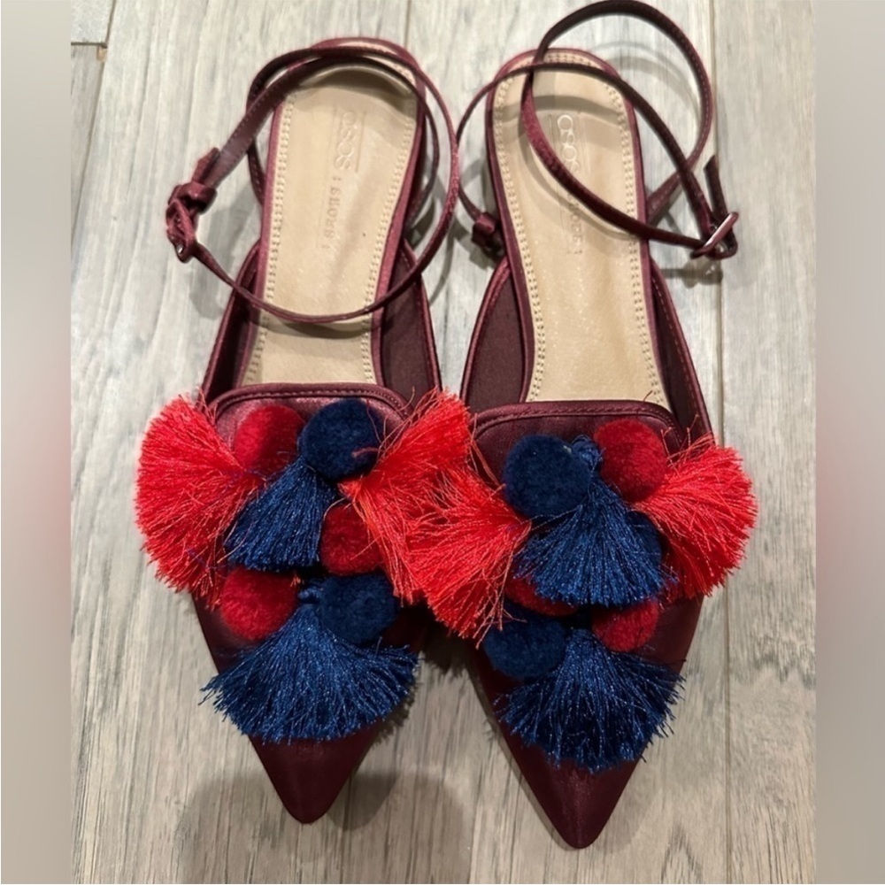 Asos Red and Blue Pom Pom Ballet Strappy Flats/Size 7